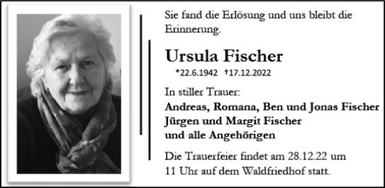 Traueranzeige von Ursula Fischer von vrm-trauer Darmstädter Echo