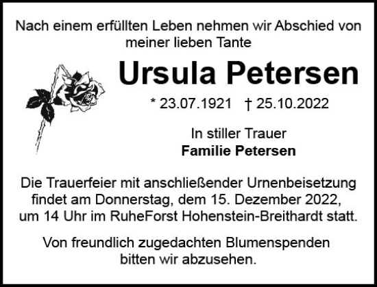Traueranzeige von Ursula Petersen von vrm-trauer WK-UTA