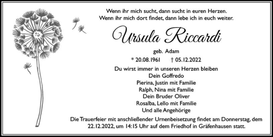 Traueranzeige von Ursula Riccardi von vrm-trauer Darmstädter Echo