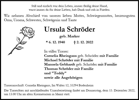 Traueranzeige von Ursula Schröder von vrm-trauer AZ Mainz