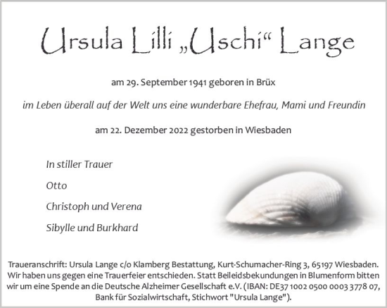 Traueranzeige von Ursula Lilli Lange von vrm-trauer Wiesbadener Kurier