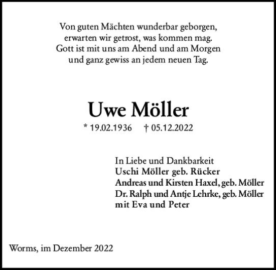 Traueranzeige von Uwe Möller von vrm-trauer Wormser Zeitung