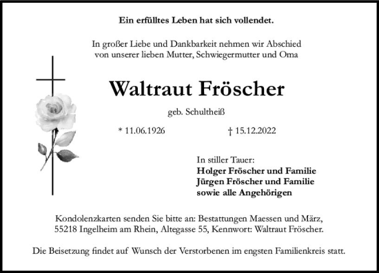 Traueranzeige von Waltraut Fröscher von vrm-trauer Allgemeine  Zeitung Ingelheim-Bingen