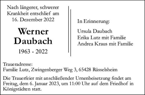 Traueranzeige von Werner Daubach von vrm-trauer Rüsselsheimer Echo / MainSpitze