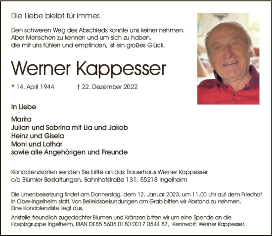 Traueranzeige von Werner Kappesser von vrm-trauer Allgemeine  Zeitung Ingelheim-Bingen
