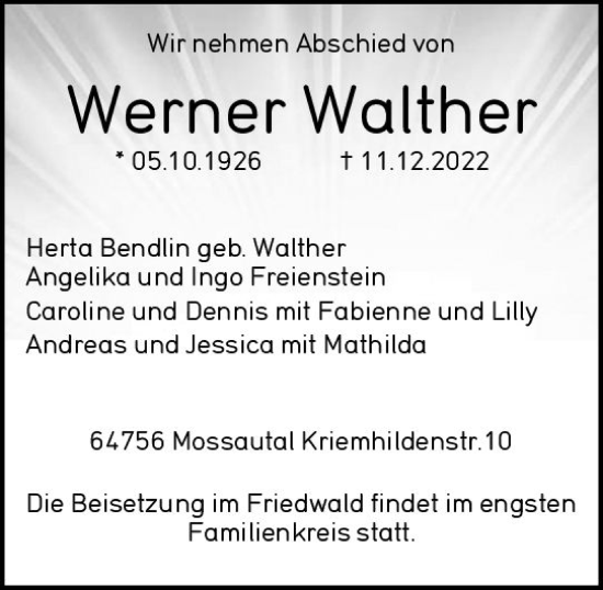 Traueranzeige von Werner Walther von vrm-trauer Odenwälder Echo