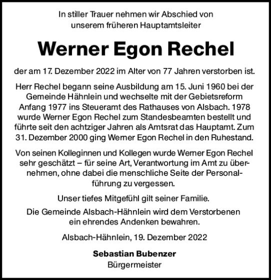 Traueranzeige von Werner Egon Rechet von vrm-trauer Darmstädter Echo