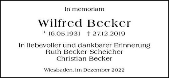 Traueranzeige von Wilfred Becker von vrm-trauer Wiesbadener Kurier