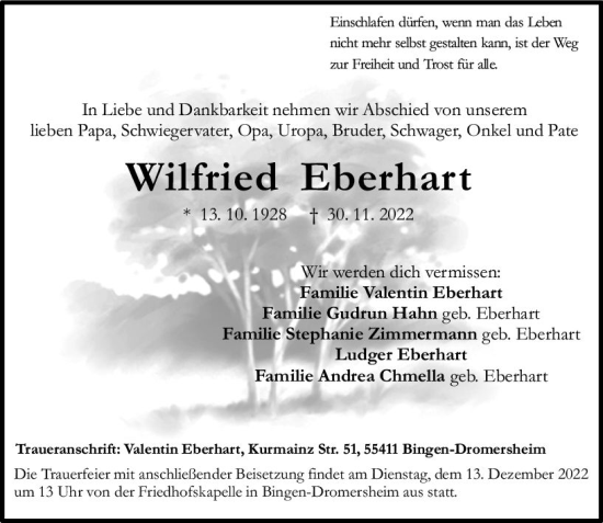 Traueranzeige von Wilfried Eberhart von vrm-trauer Allgemeine  Zeitung Ingelheim-Bingen