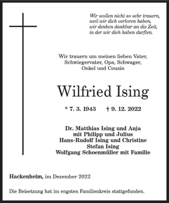 Traueranzeige von Wilfried Ising von vrm-trauer Allg. Zeitung Bad Kreuznach