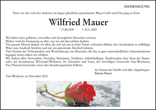Traueranzeige von Wilfried Mauer von vrm-trauer Allgemeine Zeitung Alzey
