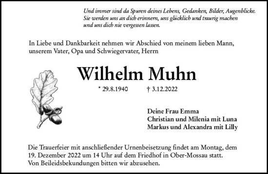 Traueranzeige von Wilhelm Muhn von vrm-trauer Odenwälder Echo