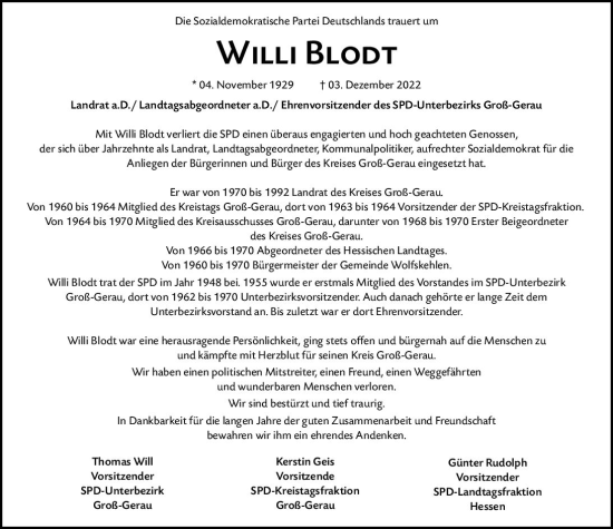 Traueranzeige von Willi Blodt von vrm-trauer Rüsselsheimer Echo / MainSpitze