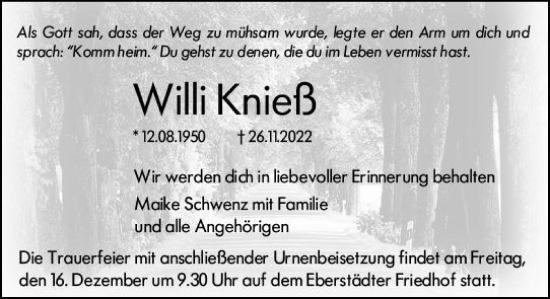Traueranzeige von Willi Knieß von vrm-trauer Darmstädter Echo