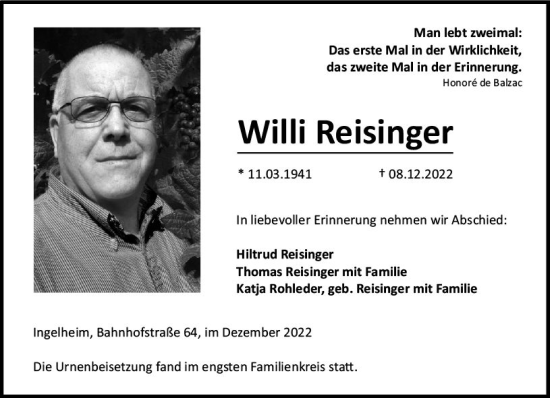 Traueranzeige von Willi Reisinger von vrm-trauer Allgemeine  Zeitung Ingelheim-Bingen
