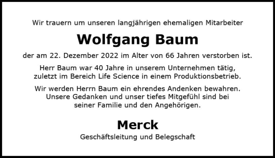 Traueranzeige von Wolfgang Baum von vrm-trauer Darmstädter Echo