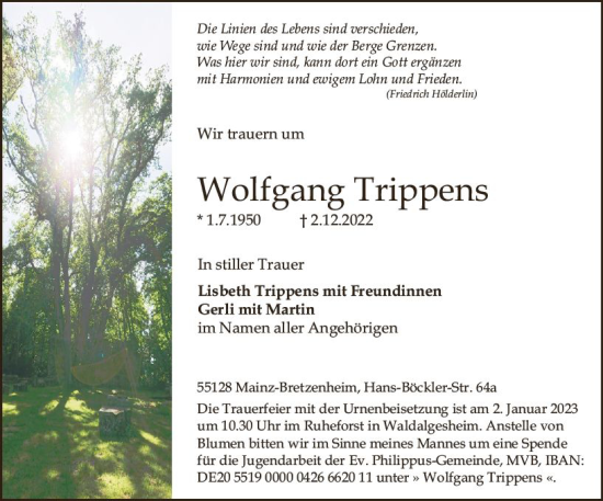 Traueranzeige von Wolfgang Trippens von vrm-trauer AZ Mainz