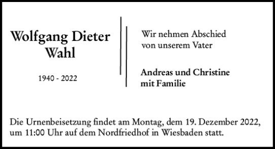 Traueranzeige von Wolfgang Dieter Wahl von vrm-trauer Wiesbadener Kurier