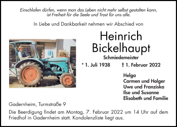 Traueranzeige von Heinrich Bickelhaupt 