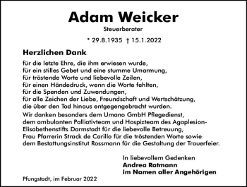 Traueranzeige von Adam Weicker von vrm-trauer Darmstädter Echo