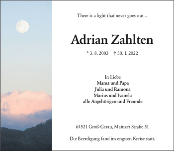 Traueranzeige von Adrian Zahlten von vrm-trauer Groß-Gerauer Echo