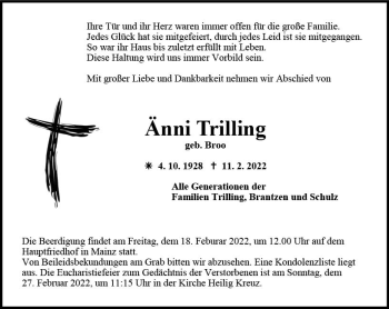 Traueranzeige von Änni Trilling von vrm-trauer AZ Mainz