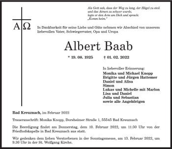 Traueranzeige von Albert Baab von vrm-trauer Allg. Zeitung Bad Kreuznach
