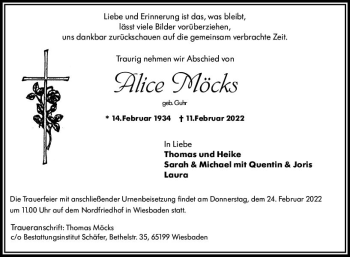 Traueranzeige von Alice Möcks von vrm-trauer Wiesbadener Kurier