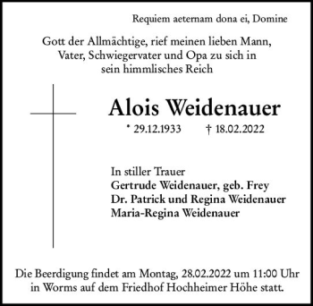 Traueranzeige von Alois Weidenauer von vrm-trauer Wormser Zeitung
