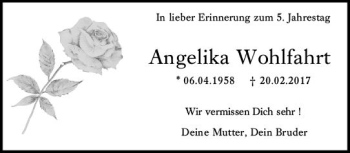 Traueranzeige von Angelika Wohlfahrt von vrm-trauer Allgemeine  Zeitung Ingelheim-Bingen