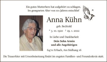 Traueranzeige von Anna Kühn von vrm-trauer Odenwälder Echo