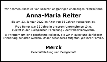Traueranzeige von Anna-Maria Reiter von vrm-trauer Darmstädter Echo