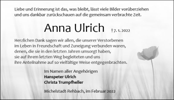 Traueranzeige von Anna Ulrich von vrm-trauer Odenwälder Echo