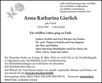 Traueranzeige von Anna Katharina Gierlich von vrm-trauer AZ Mainz