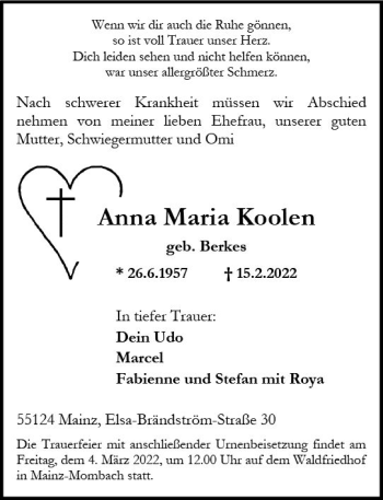 Traueranzeige von Anna Maria Koolen von vrm-trauer AZ Mainz