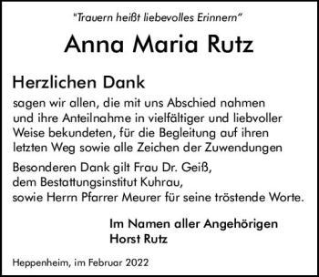 Traueranzeige von Anna Maria Rutz von vrm-trauer Bürstädter/Lamperth. Ztg/Starkenburger