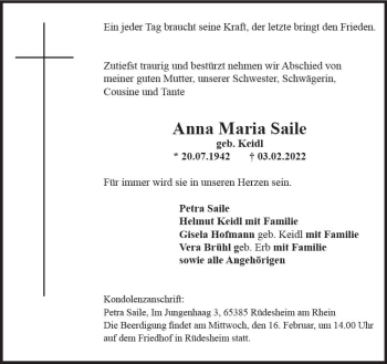 Traueranzeige von Anna Maria Saile von vrm-trauer Rheingau