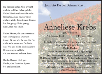 Traueranzeige von Anneliese Krebs von vrm-trauer Wiesbadener Kurier