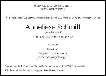 Traueranzeige von Anneliese Schmitt von vrm-trauer Wiesbadener Kurier