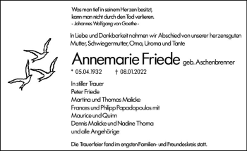 Traueranzeige von Annemarie Friede von vrm-trauer Wiesbadener Kurier