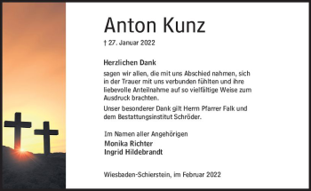 Traueranzeige von Anton Kunz von vrm-trauer Wiesbadener Kurier