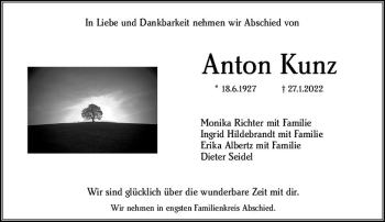 Traueranzeige von Anton Kunz von vrm-trauer Wiesbadener Kurier