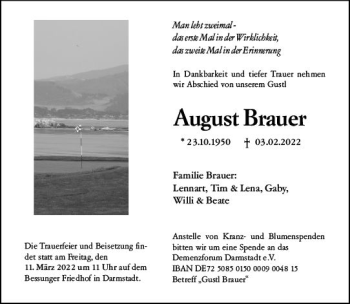 Traueranzeige von August Brauer von vrm-trauer Darmstädter Echo