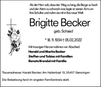Traueranzeige von Brigitte Becker von vrm-trauer Allgemeine  Zeitung Ingelheim-Bingen