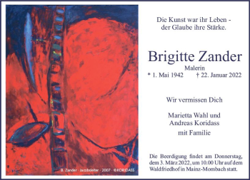 Traueranzeige von Brigitte Zander von vrm-trauer Wiesbadener Kurier