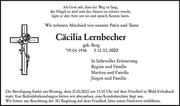 Traueranzeige von Cäcilia Lernbecher von vrm-trauer Bürstädter/Lamperth. Ztg/Starkenburger