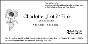 Traueranzeige von Charlotte Fink von vrm-trauer Darmstädter Echo