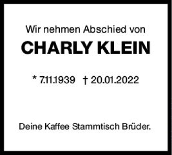 Traueranzeige von Charly Klein von vrm-trauer Wiesbadener Kurier