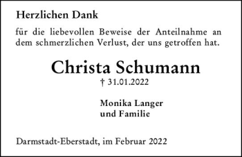 Traueranzeige von Christa Schumann von vrm-trauer Darmstädter Echo