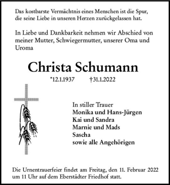Traueranzeige von Christa Schumann von vrm-trauer Darmstädter Echo